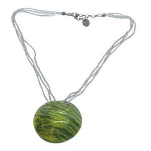 Gorgeous Triple Strand Seed Bead Necklace w/ Art Glass Pendant & Sterling Clasp